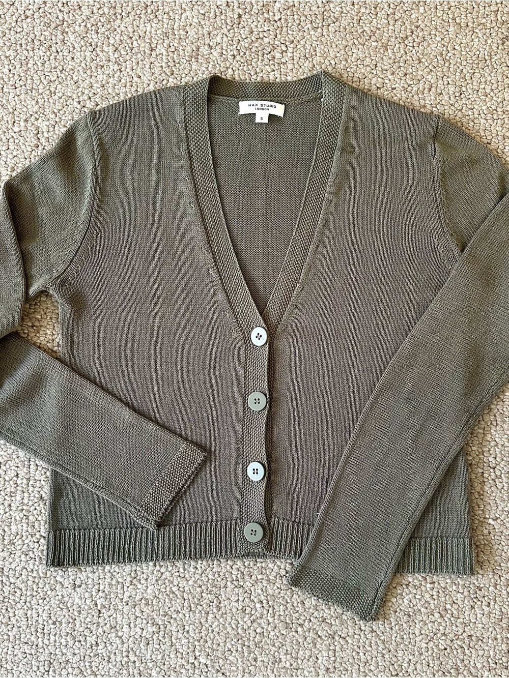 Max Studio Olive Green V-Neck Button Cardigan